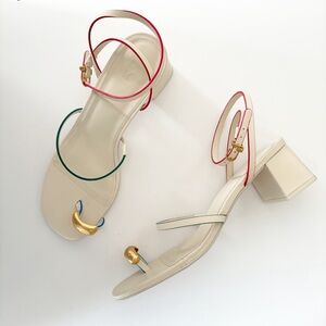 Larroude || Biarritz Block Heel Sandals in Ivory Leather Gold Toe 9